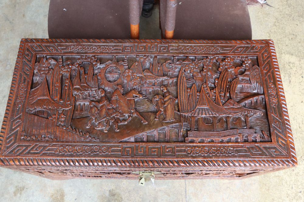 A Chinese carved camphorwood trunk, width 100cm depth 50cm height 58cm